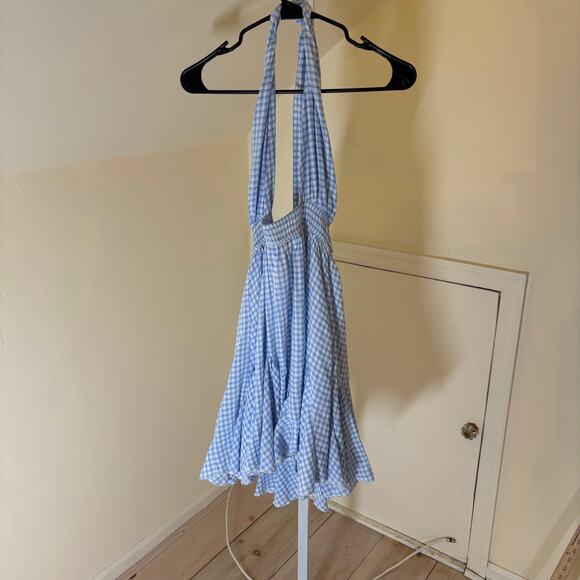 Mable NWT Women's Blue Gingham Backless Cross Front Mini Dress Flowy M - Picture 2 of 8